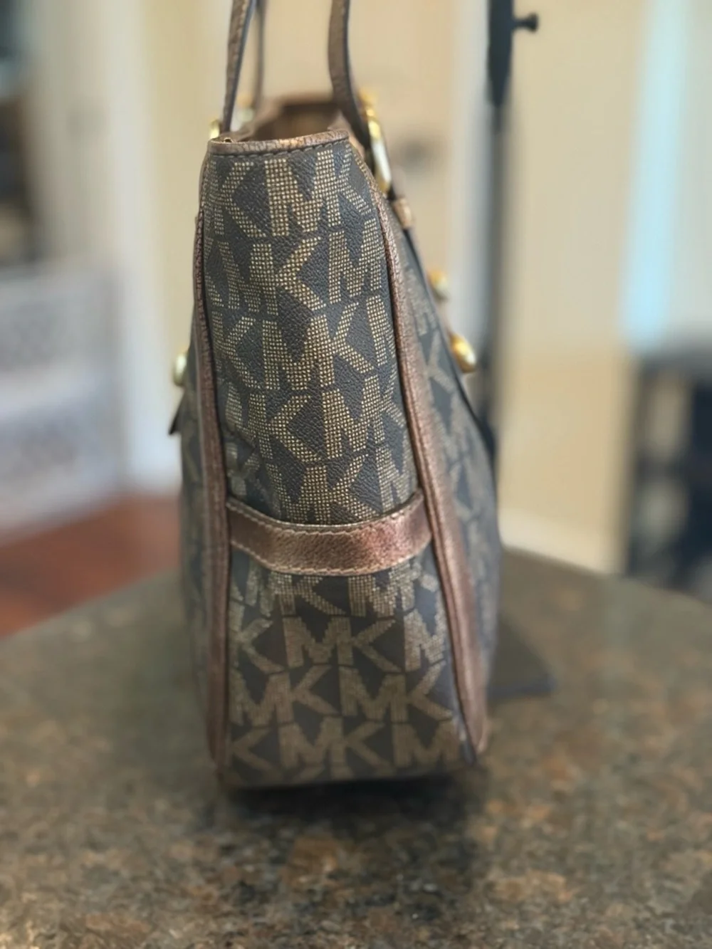 Vintage Michael Kors Brown & Gold Logo Tote with Snake-Print Center